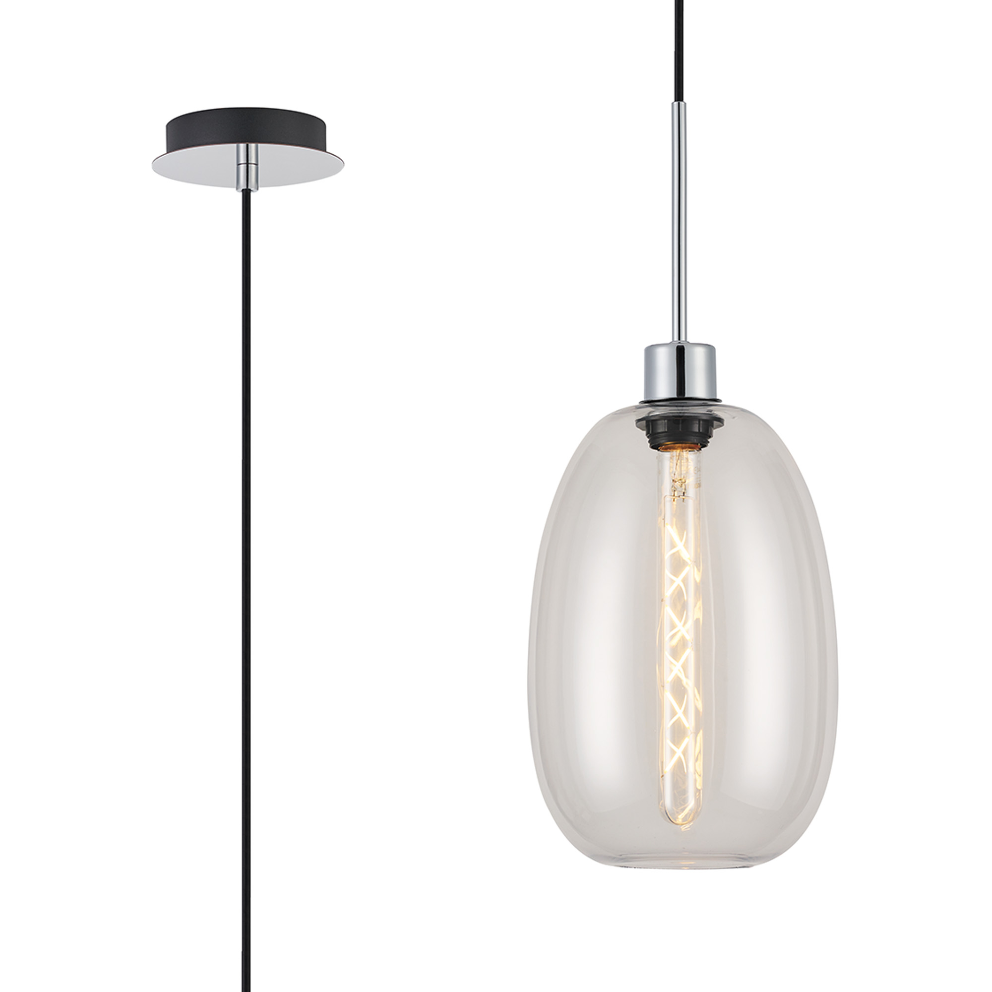 DK1259  Lori 1.7m Single Pendant, 1 Light Adjustable E27, Polished Chrome/Clear Slim Curved Trapezium Shades